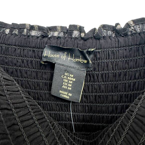 House of Harlow 1960 Corinne Shirred Smocked Mini Dress in‎ Black Gold Size M - Picture 9 of 11